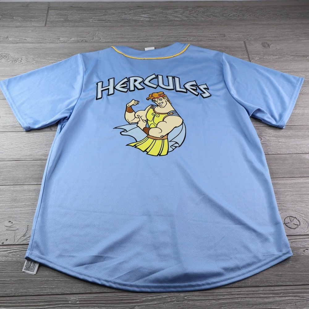 Disney Hercules Baseball Jersey Size Large Powder Blue Embroidered